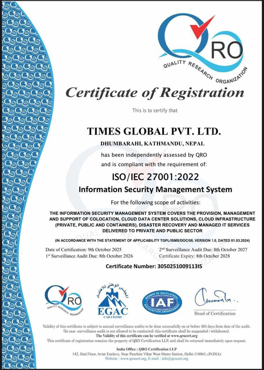 Times Global data center certification certificate