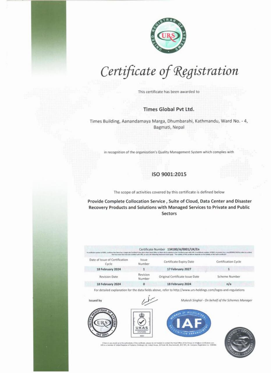 Times Global facility certification certificate